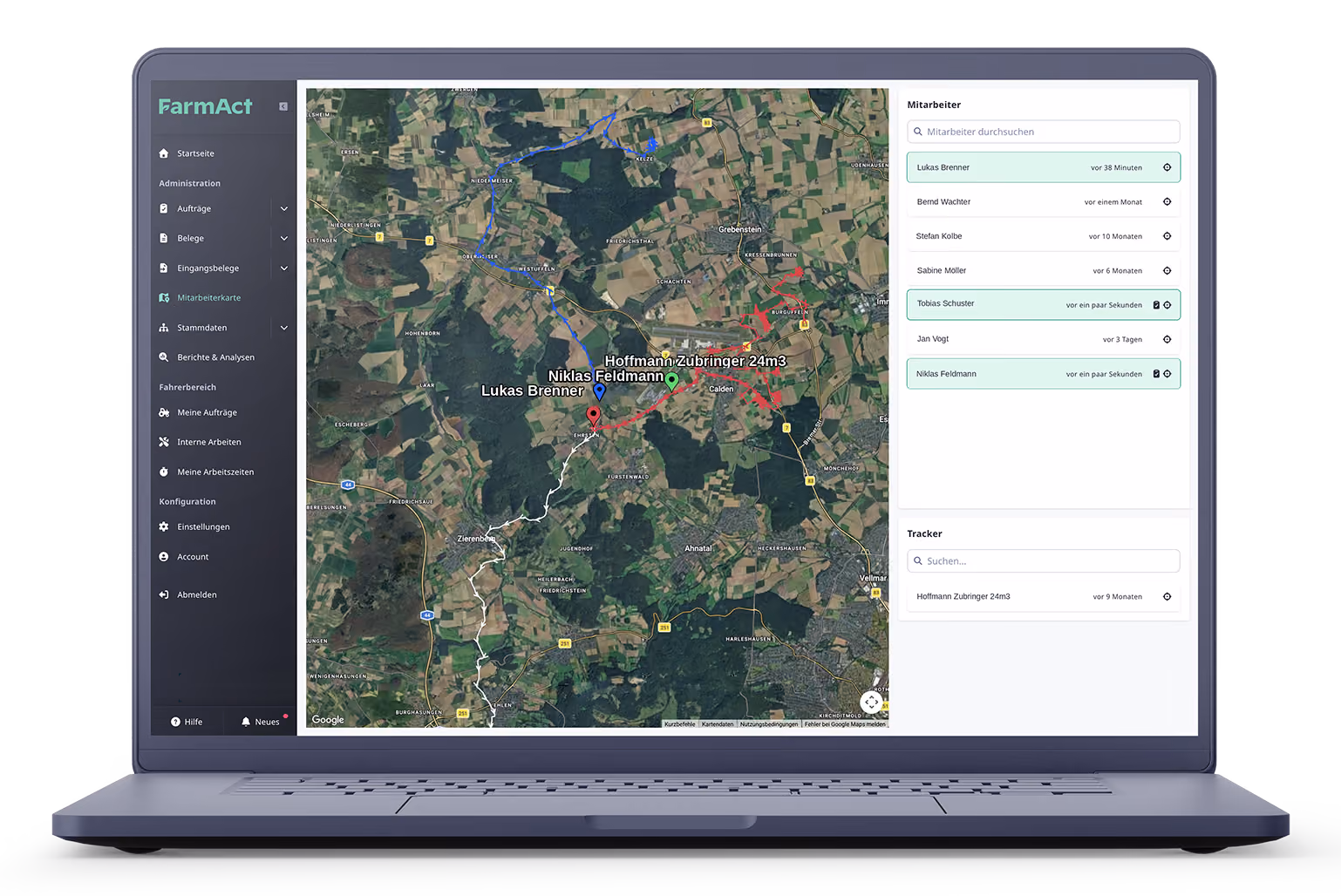 Auftragserfassung in FarmAct: Laptop mit Feldkarte und Auftragsdetails