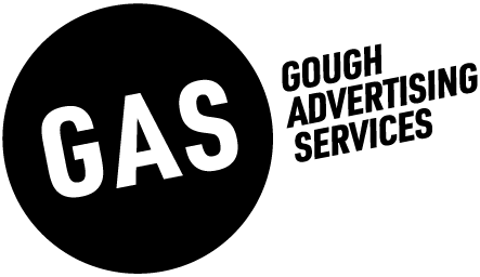 Logo with the bold white letters GAS inside a solid black circle, next to the words GOUGH ADVERTISING SERVICES in uppercase black text arranged diagonally to the right.