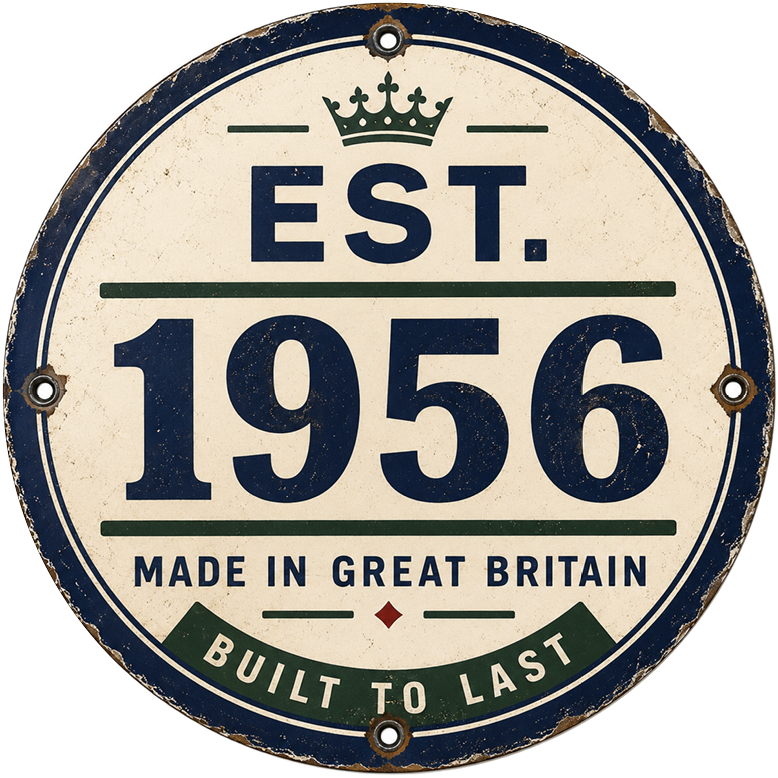 Round vintage sign with a worn look, navy border, and text reading 'EST. 1956', 'Made in Great Britain', and 'Built to Last' beneath a small crown symbol at the top.
