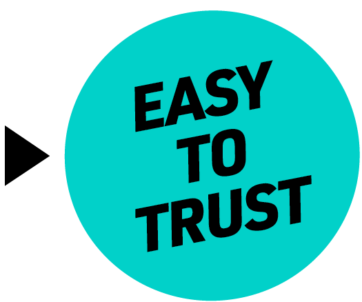 A turquoise circular badge with the bold black text 'EASY TO TRUST' arranged diagonally across it.