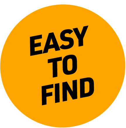 Orange circular badge with bold black text reading 'EASY TO FIND' arranged in three lines and slightly tilted.