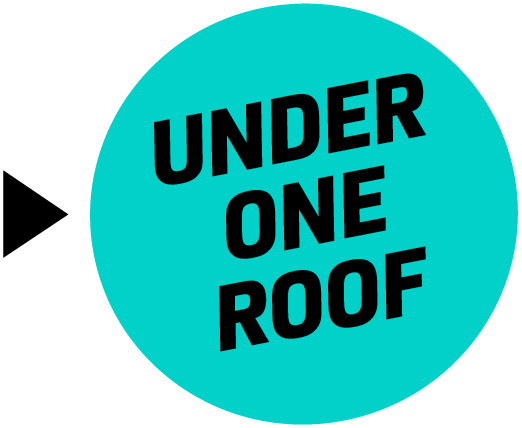 Bold black text 'UNDER ONE ROOF' centered on a bright turquoise circular background.