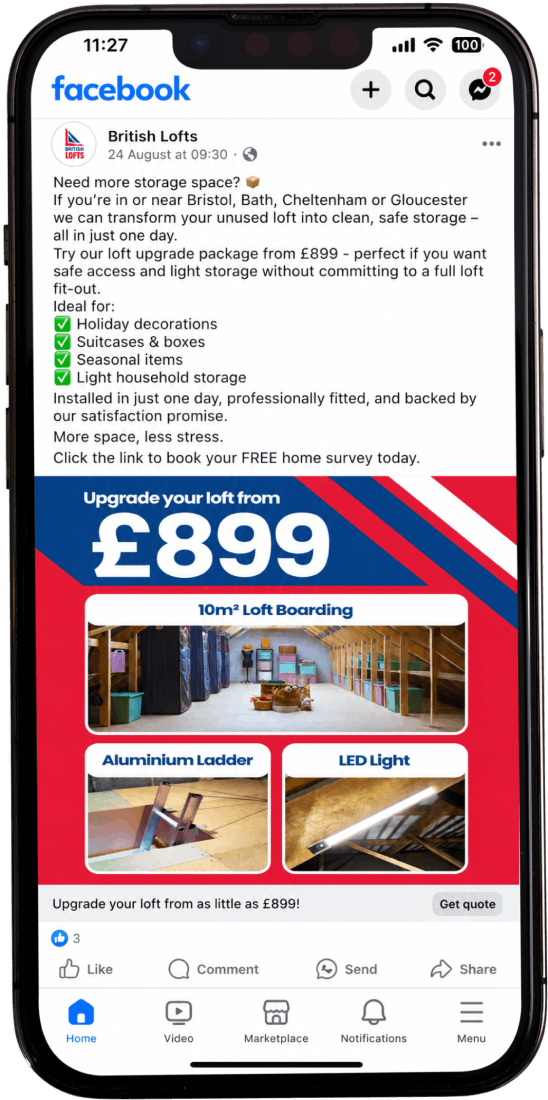 Facebook post from British Lofts advertising loft storage upgrades from £899, targeting Bristol, Bath, Cheltenham, and Gloucester. Offers clean, safe storage installed in one day without full loft fit-out. Ideal for holiday decorations, suitcases, seasonal items, and light household storage. Includes images of a 10m² loft boarding with organized storage, aluminium ladder, and LED lighting. Encourages booking a free home survey with a 'Get quote' button visible at the bottom.