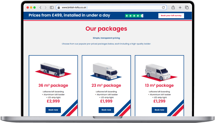 Laptop screen showing a website for British Lofts featuring three loft boarding packages with images of different vehicle types, prices from £499, and a price comparison for 36 m², 23 m², and 13 m² packages including loft boarding, aluminium loft ladder, and LED strip light.
