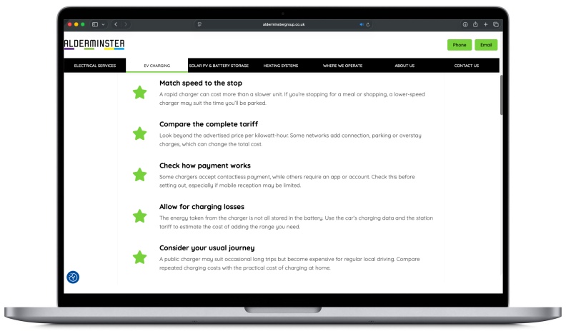 Laptop displaying a webpage from alderminstergroup.co.uk focused on EV charging tips, including matching charging speed to stop, comparing tariffs, payment methods, charging losses, and planning journeys, each accompanied by a green star icon.