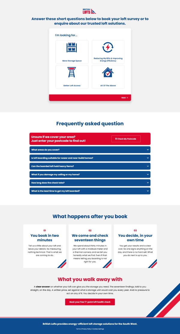 British Lofts webpage with a booking form asking what users are looking for: more storage space, reducing bills and improving energy efficiency, better loft access, or all of the above. Below is a red banner prompting postcode entry to check coverage, followed by frequently asked questions about loft boarding in expandable menus. Further down are three steps explaining the process after booking: booking in two minutes by providing loft details, a 17-point check involving moisture and thermal cameras, and receiving results with no obligation.