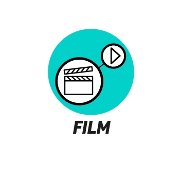 Film icon with a clapperboard inside a large circle connected to a smaller circle with a play button, above the word FILM in bold italic text.