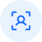 Blue icon of a person surrounded by a dotted circle with small corner marks, symbolizing focus or identification.