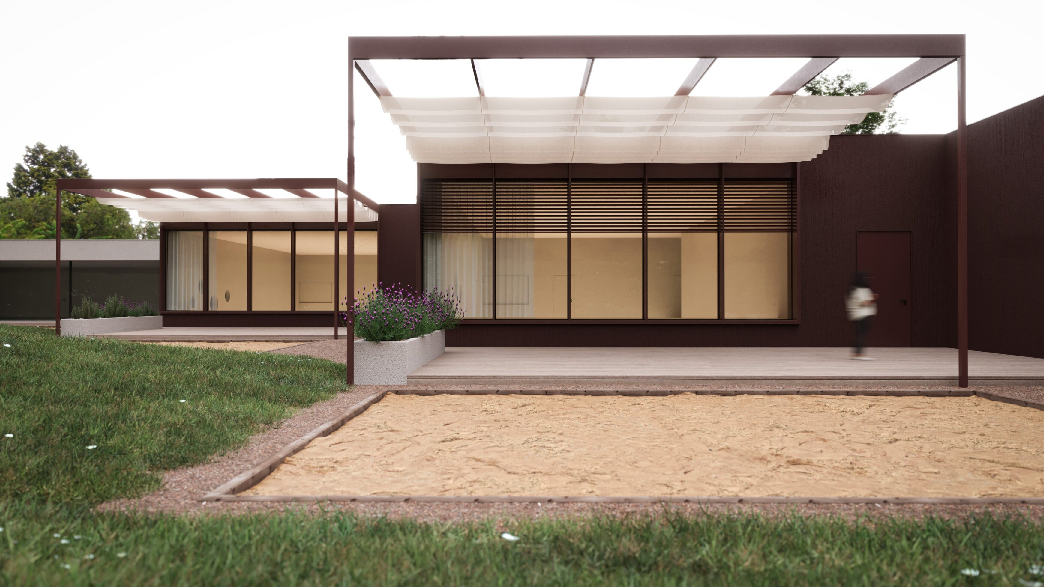 Vizualizace zahradní části mateřské školy s venkovní terasou, pergolou a pískovištěm. Třídy jsou propojené se zahradou velkoplošným zasklením a navazují na samostatné venkovní prostory určené pro hru i výuku.
