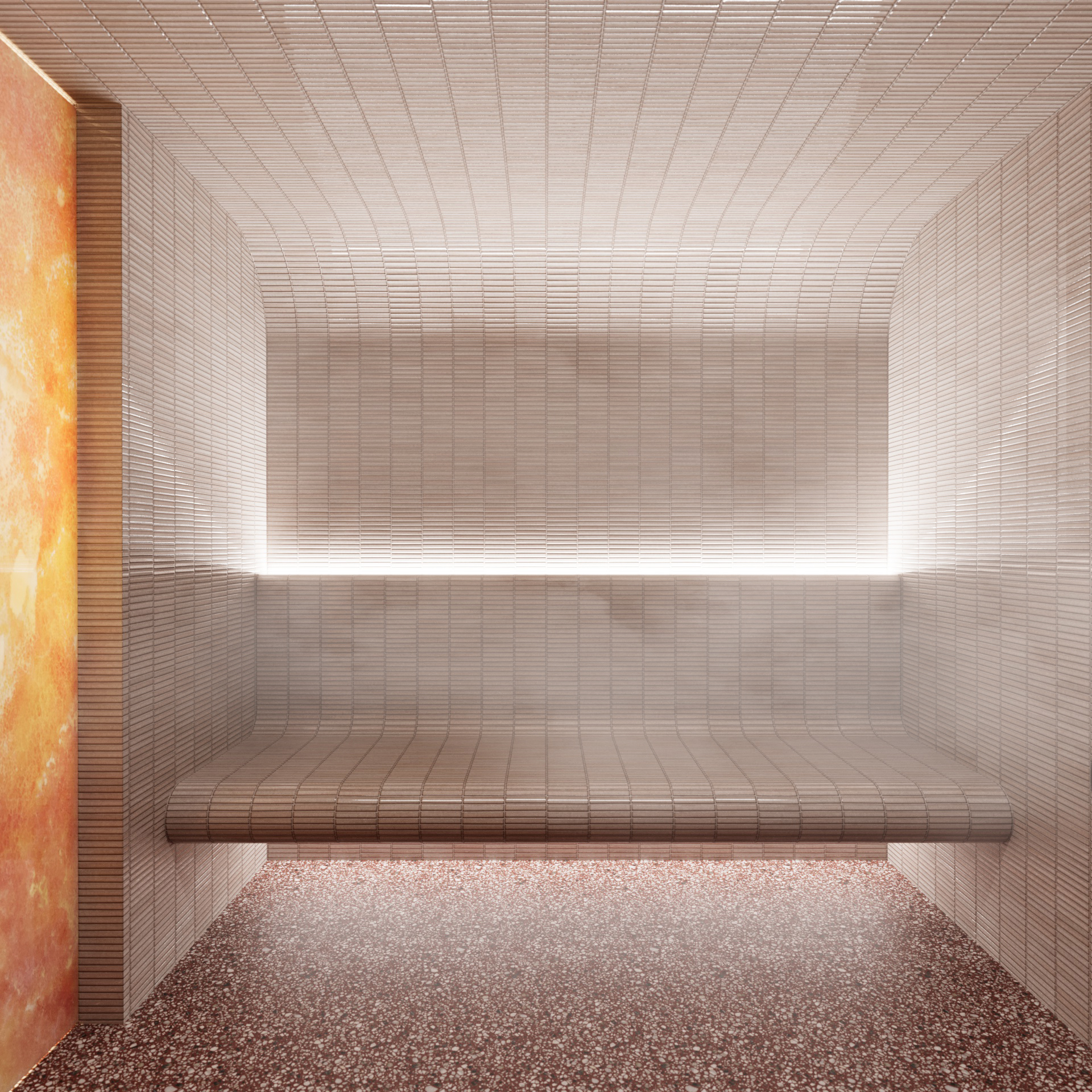 Parní sauna wellness Ponor v Brně s japonskými obklady Yuki a zemitou podlahou
