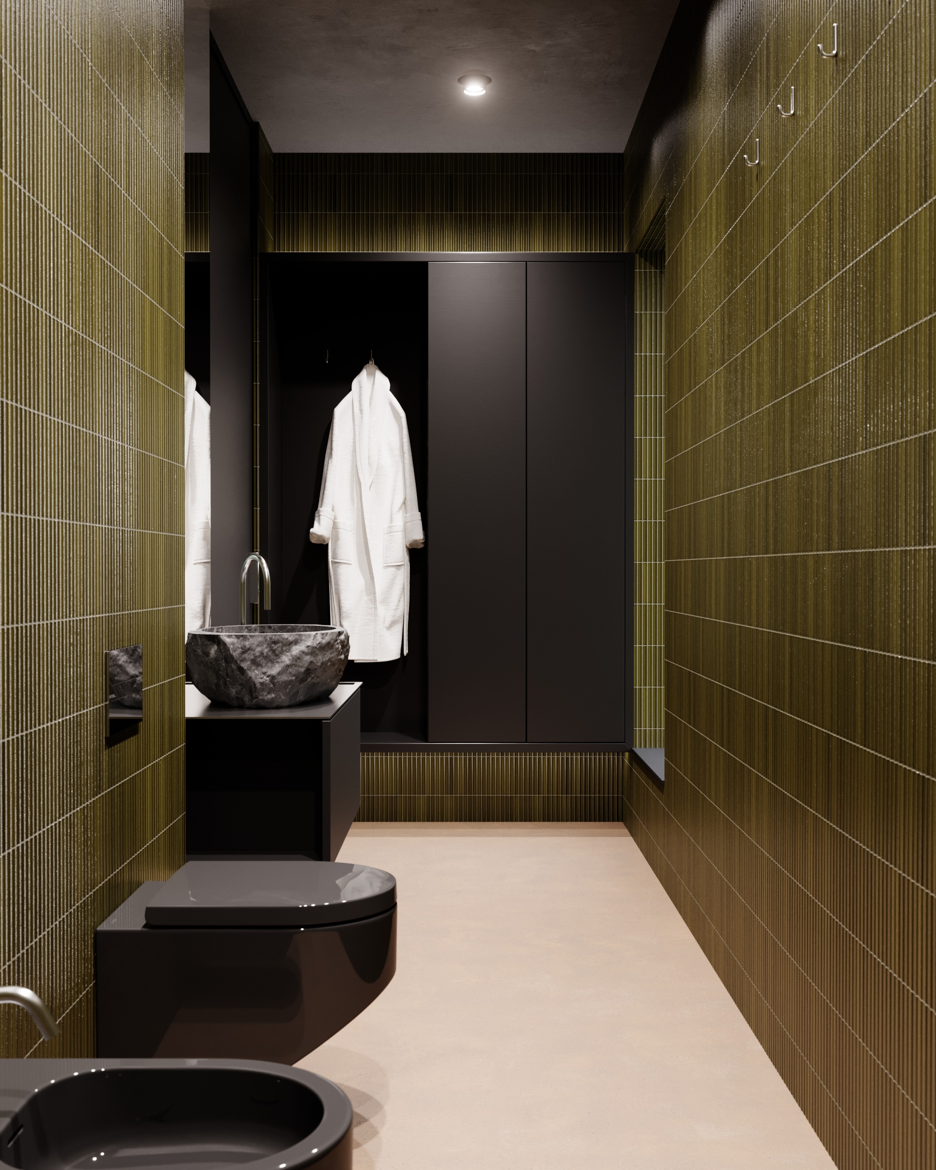 Koupelna wellness Ponor se šatnou, tmavými skříňkami a zelenými obklady a kamenným umyvadlem
