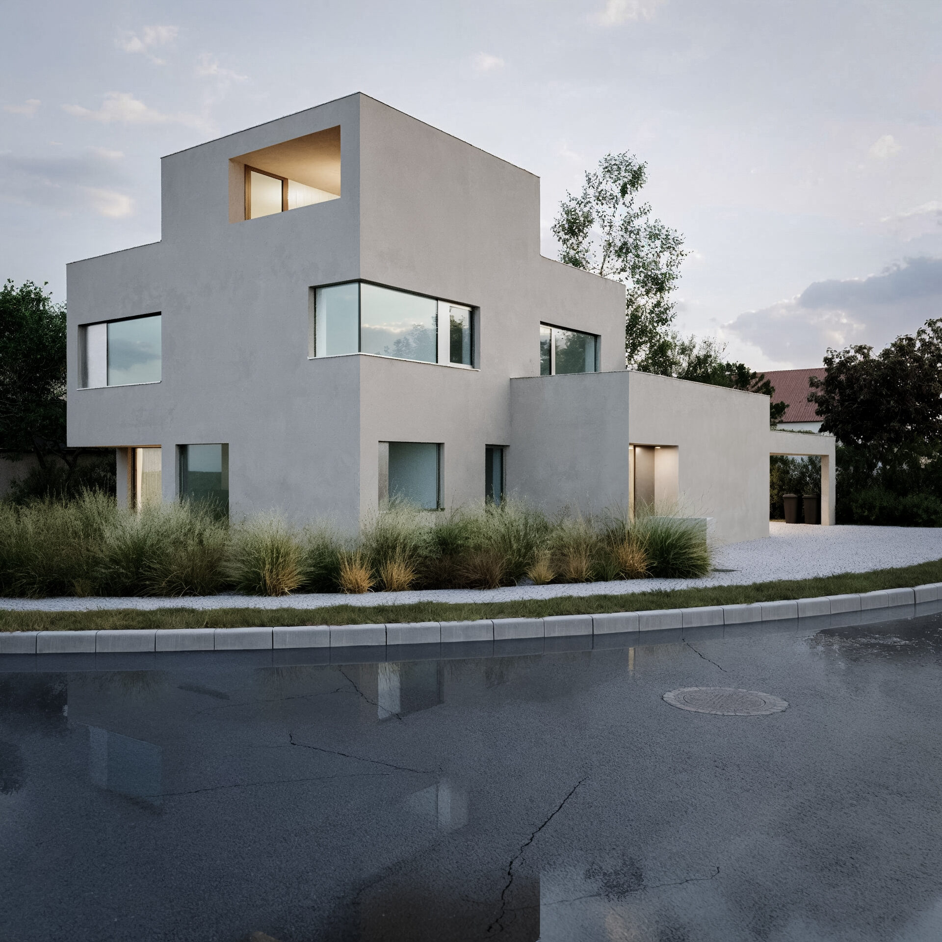 Nárožní pohled z ulice na rodinný dům HLÍDKA s vyhlídkou a minimalistickou architekturou.