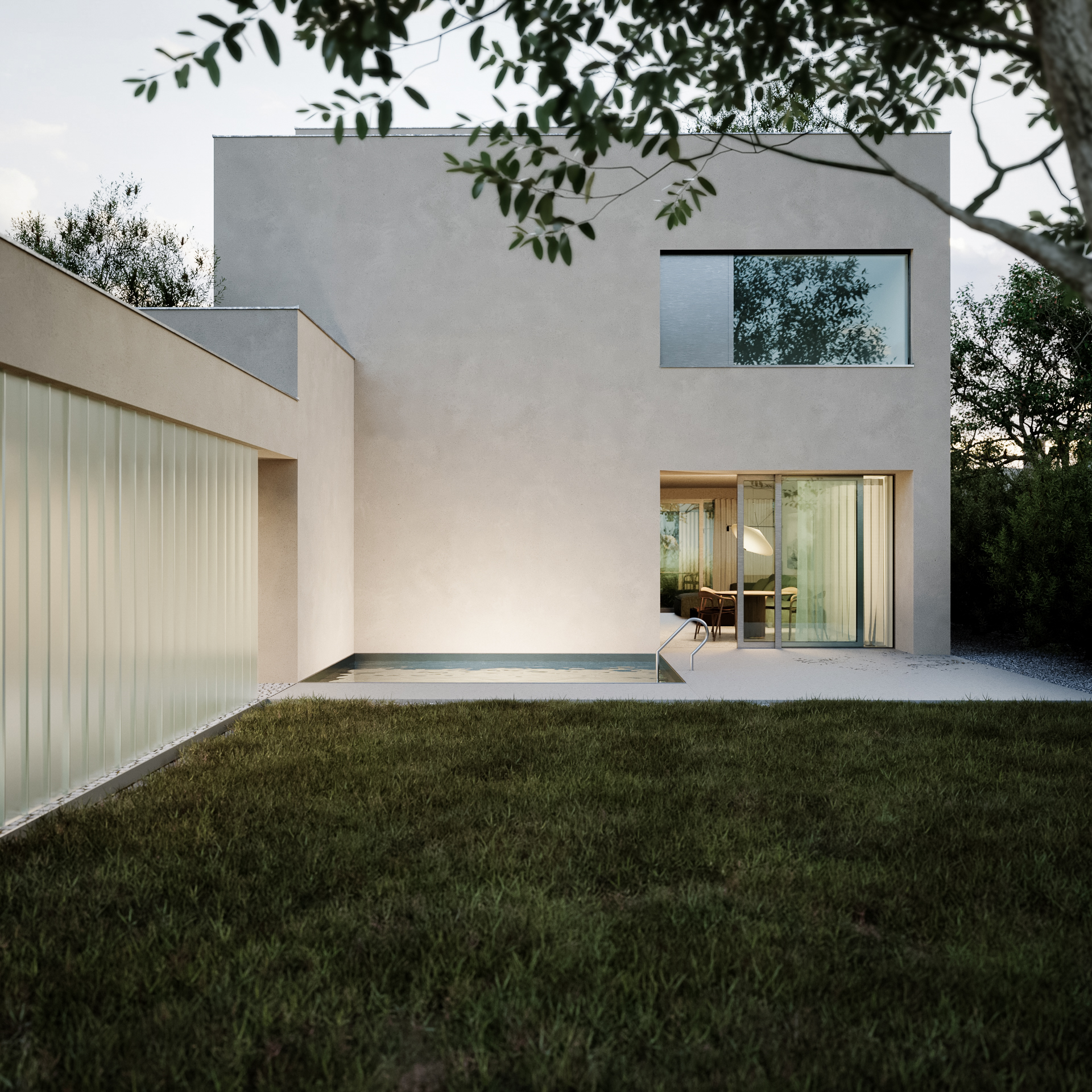 Hlavní pohled ze zahrady na rodinný dům HLÍDKA s vyhlídkou a minimalistickou architekturou.
