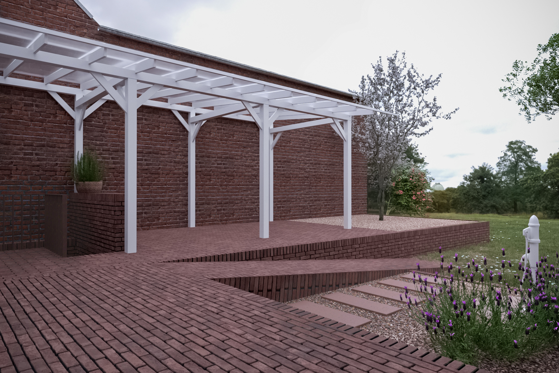 Pergola a terasa u rekonstruovaného rodinného domu v Prušánkách