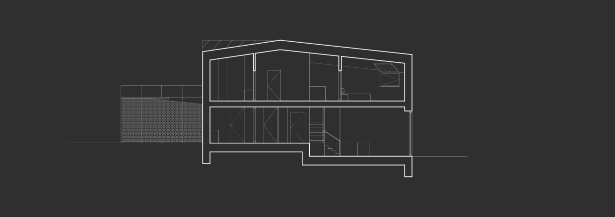 Projekt DIAGONÁLA představuje podélný řez rodinným domem v Píšti. Výkres zachycuje dispozici domu, diagonální geometrii střechy a návaznost obytné části na venkovní prostor.
