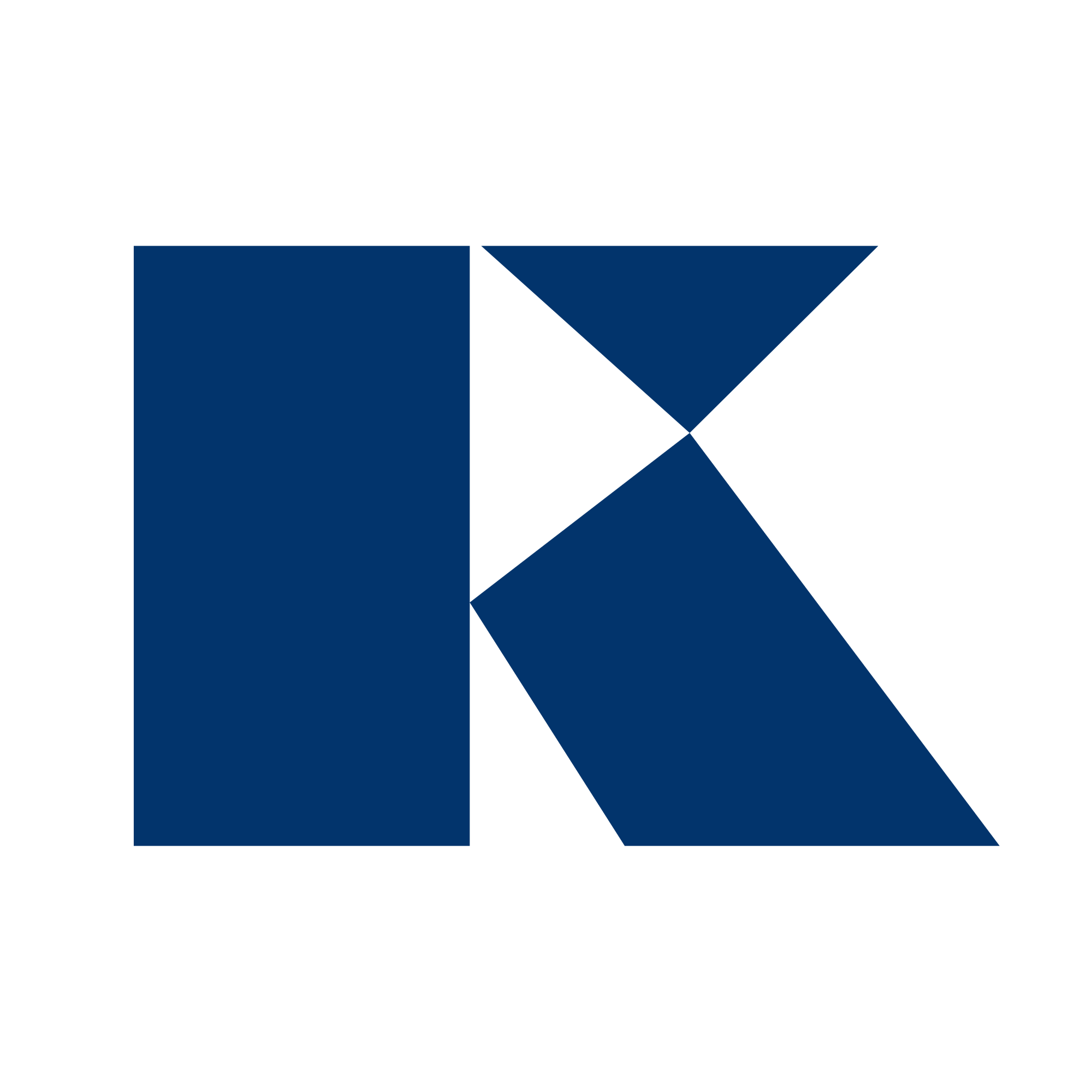 Abstraktes dunkelblaues geometrisches K-Logo auf schwarzem Hintergrund.
