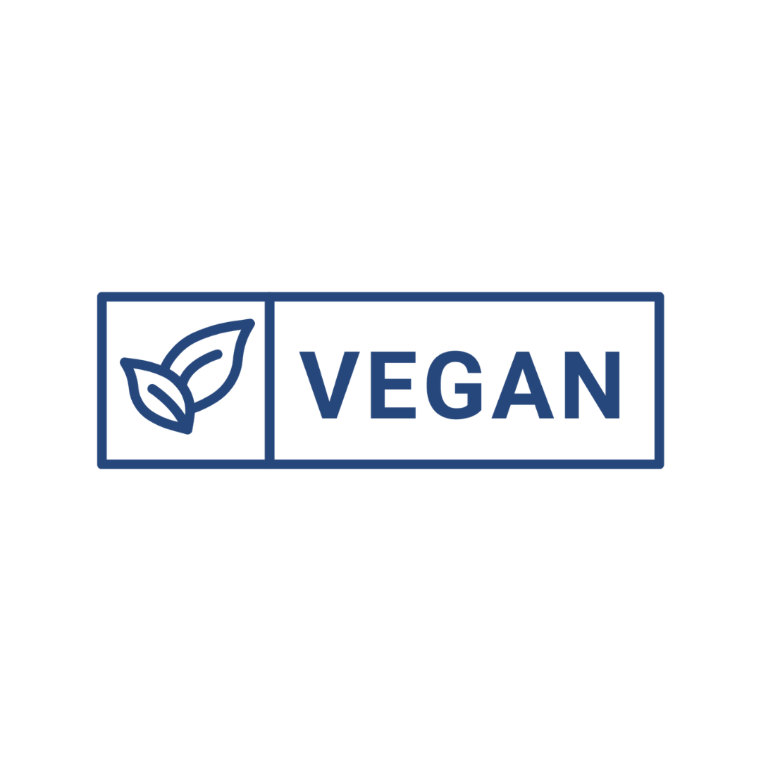 Veganes Symbol mit zwei Blättern und dem Text VEGAN in dunkelblauem Rahmen.