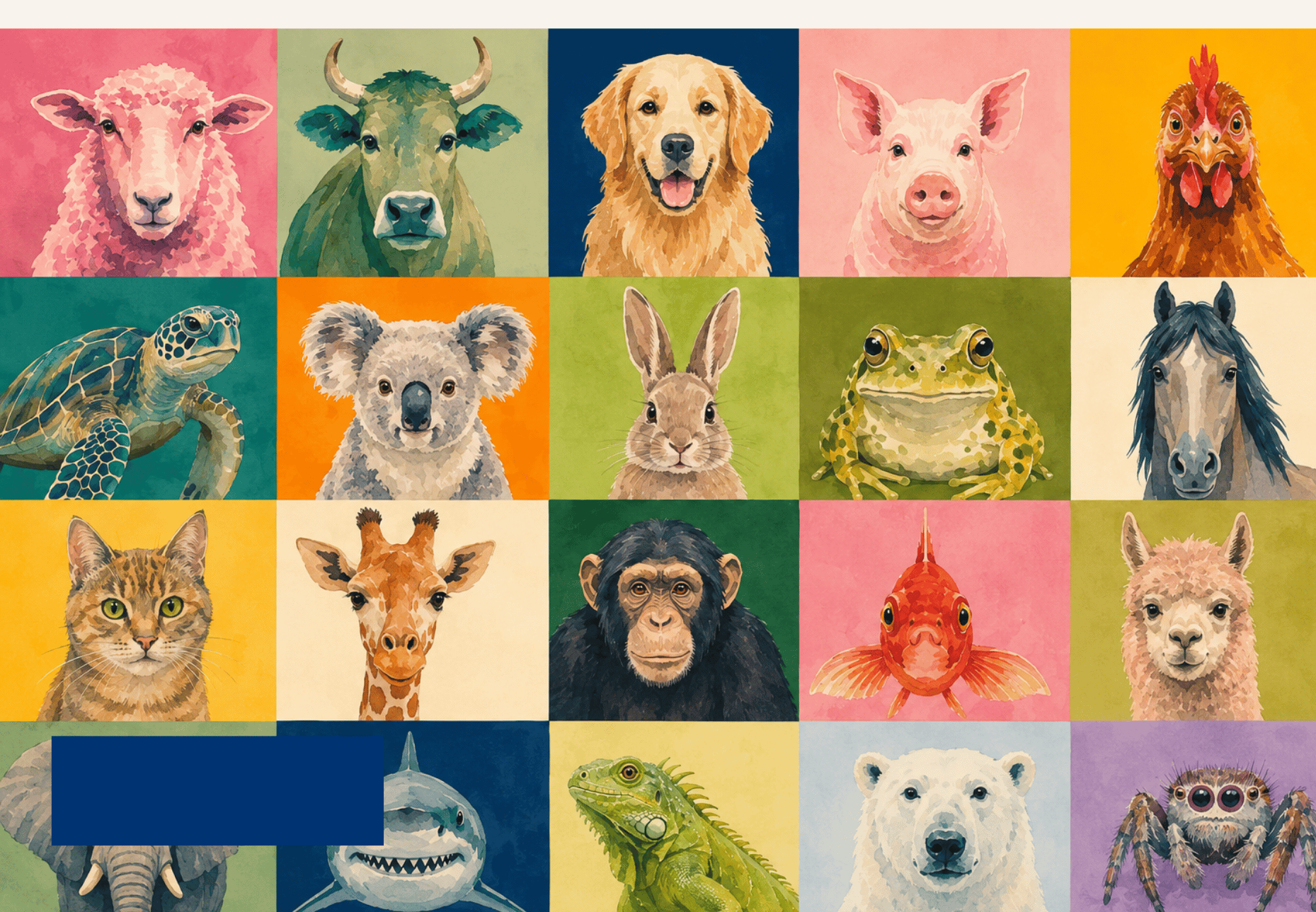 Bunte Illustrationen von Tierporträts, darunter Schaf, Kuh, Hund, Schwein, Huhn, Schildkröte, Koala, Hase, Frosch und mehr.