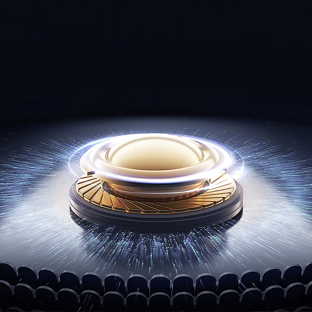 Close-up of a speaker driver emitting radiant waves on a dark background.
