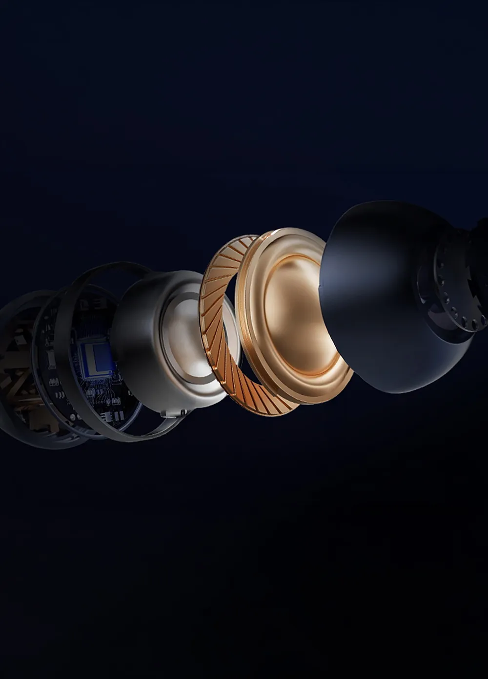 Exploded view of a speaker's internal components showing diaphragm, coil, and housing in layers.