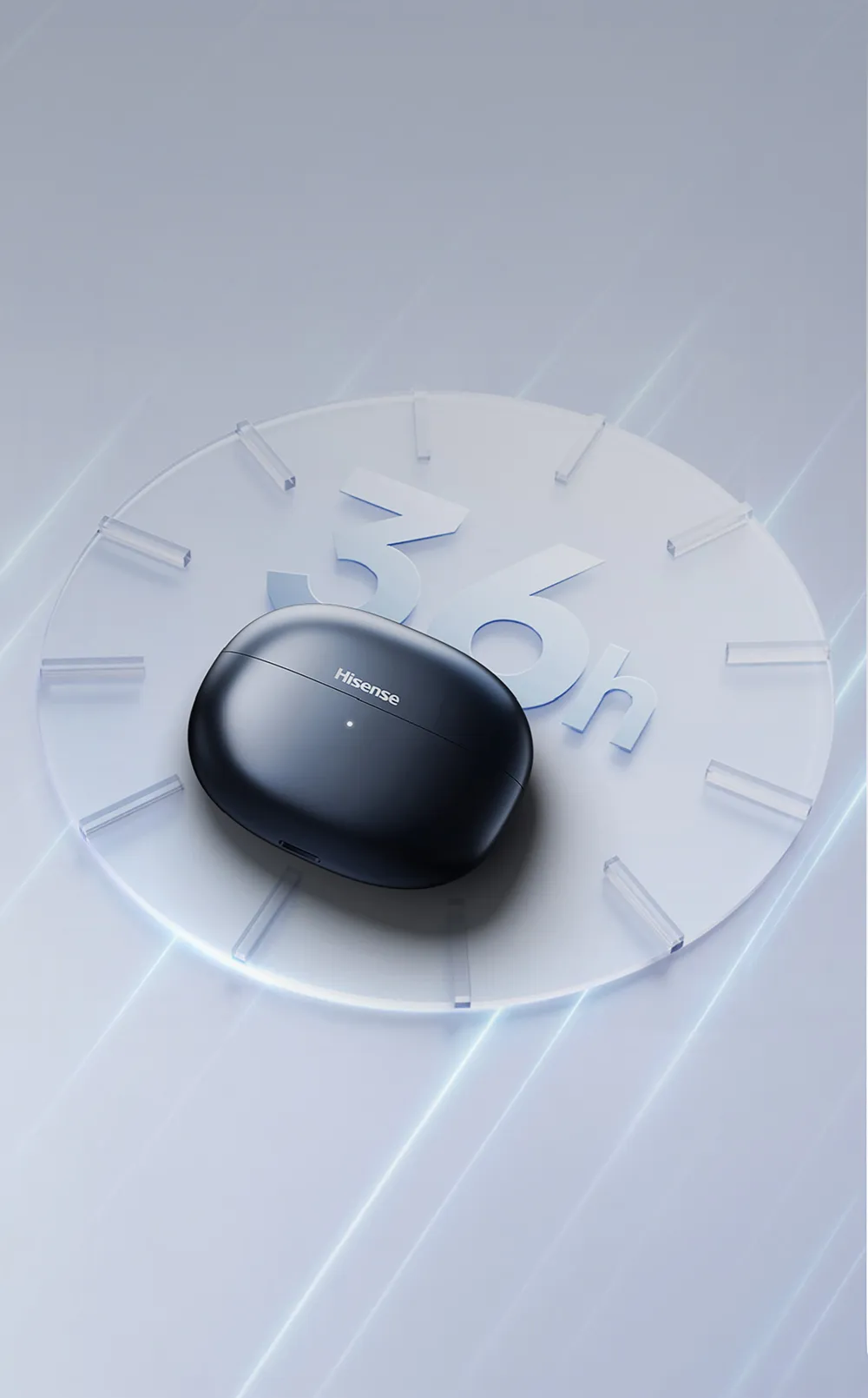 Black Hisense wireless earbuds case on a clock face with 36h indicating battery life.