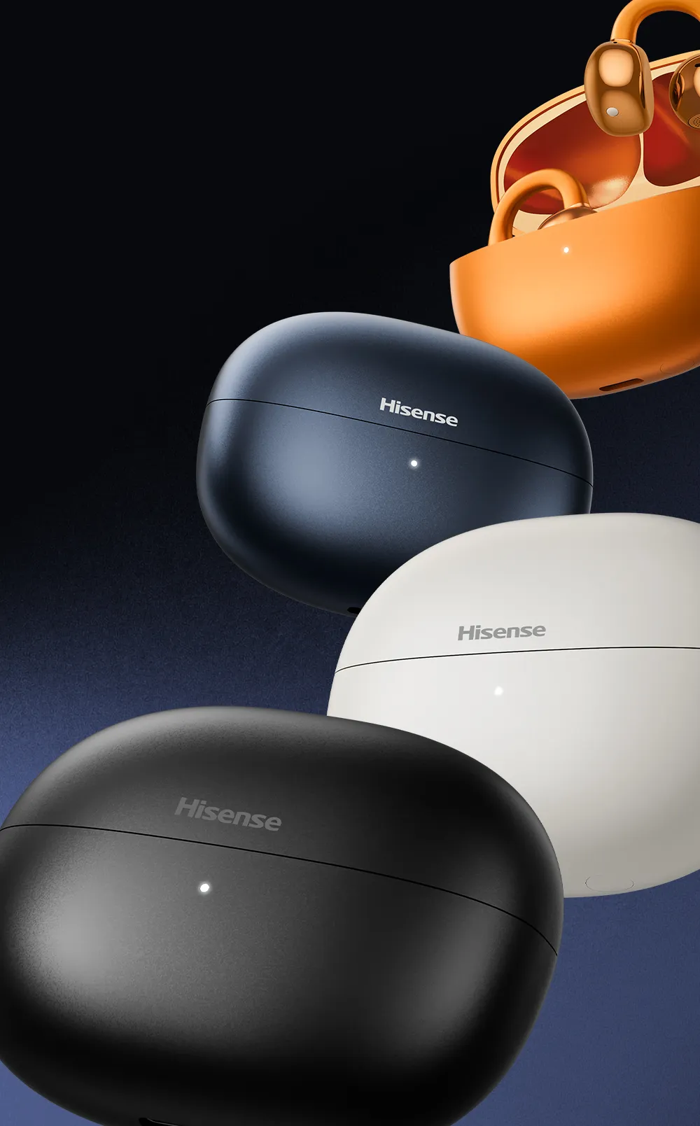 Four Hisense wireless earbud charging cases in black, white, dark blue, and orange on gradient background.