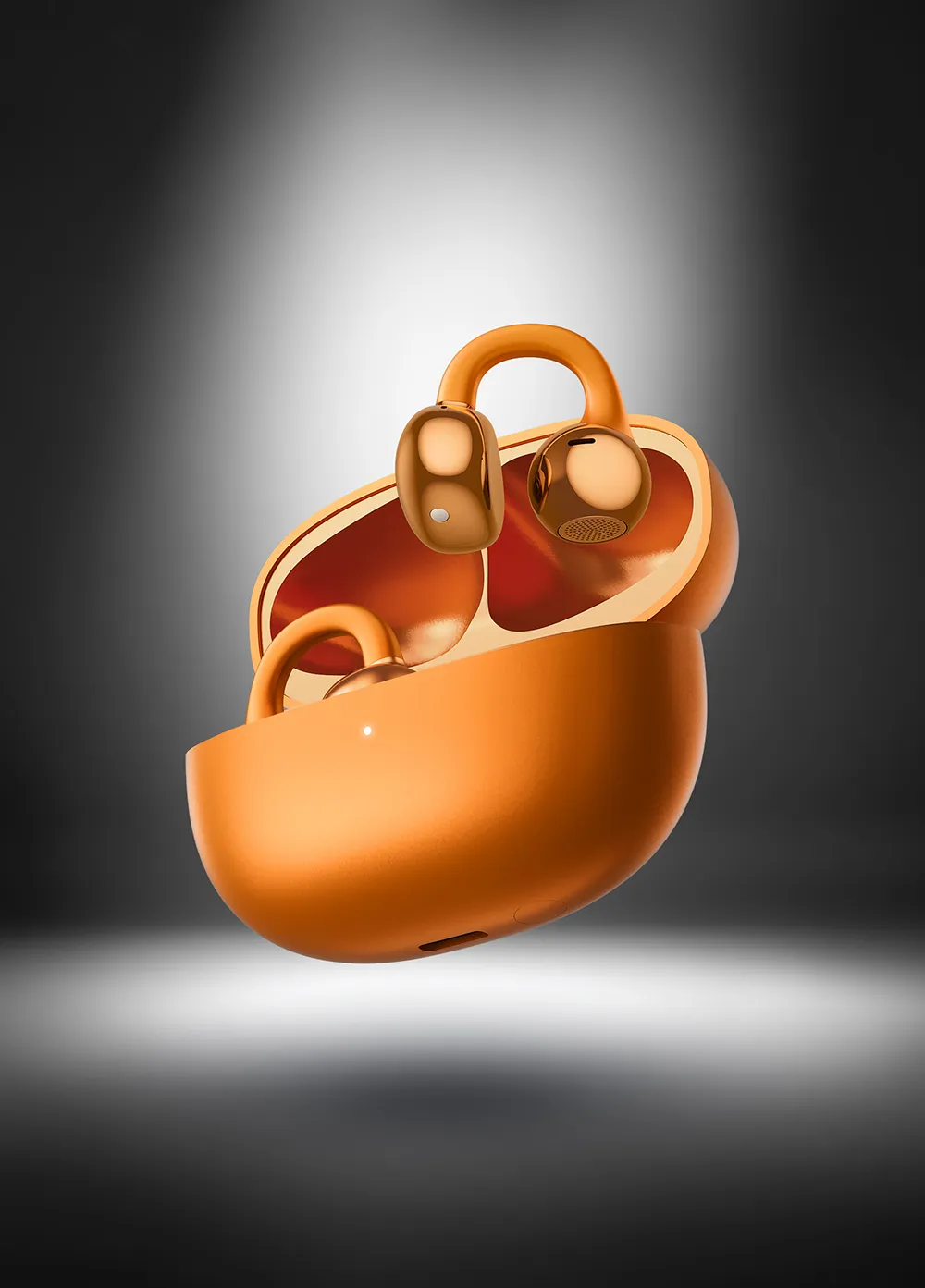 Orange wireless earbuds with charging case floating against grey gradient background.