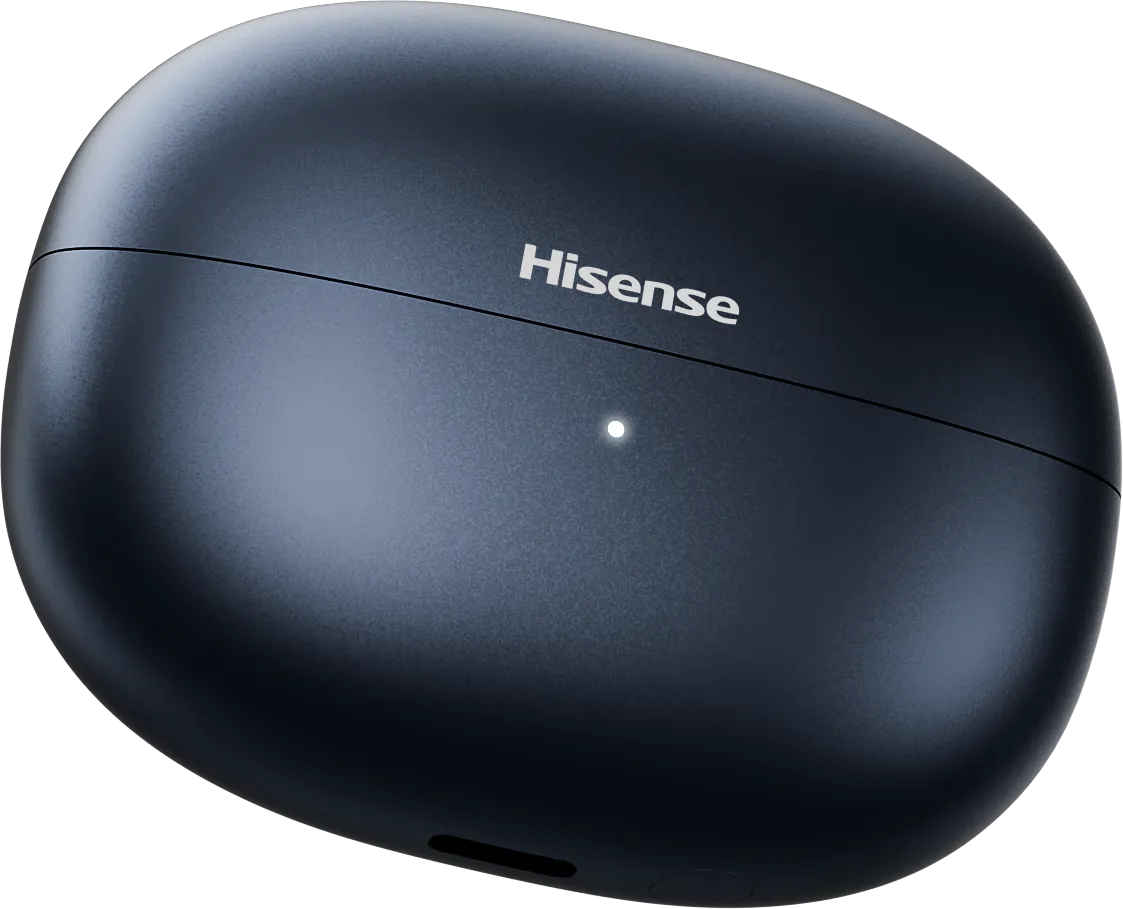 Hisense branded black wireless earbuds charging case with a small white indicator light.