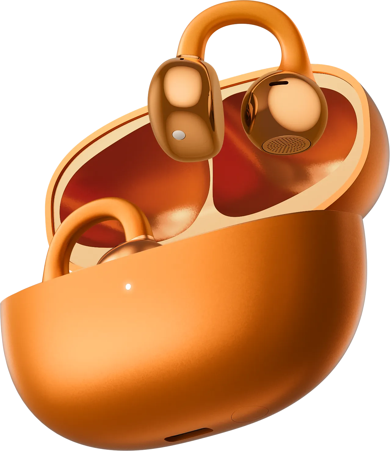 Orange wireless earbuds with glossy metallic finish inside an open matching charging case.