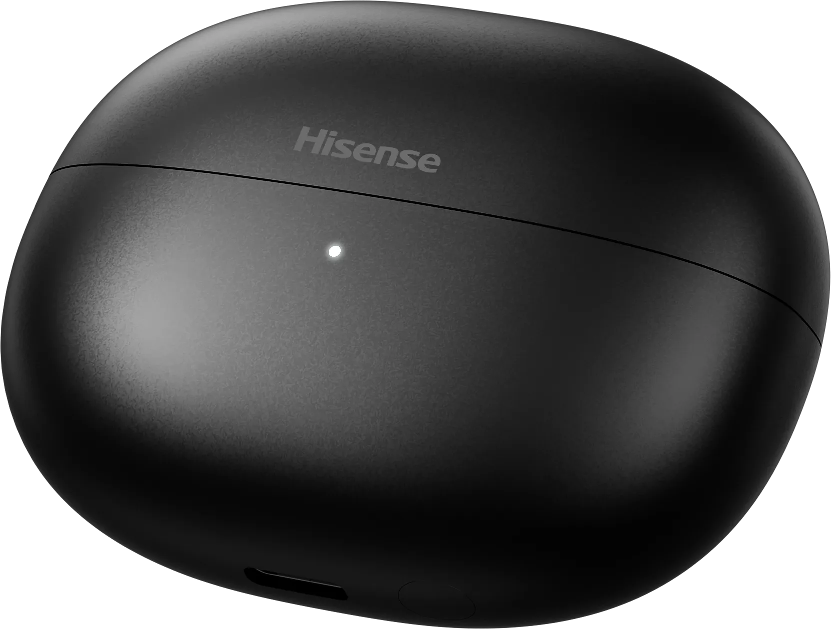 Small black oval Hisense wireless earbud charging case with indicator light and USB-C port.