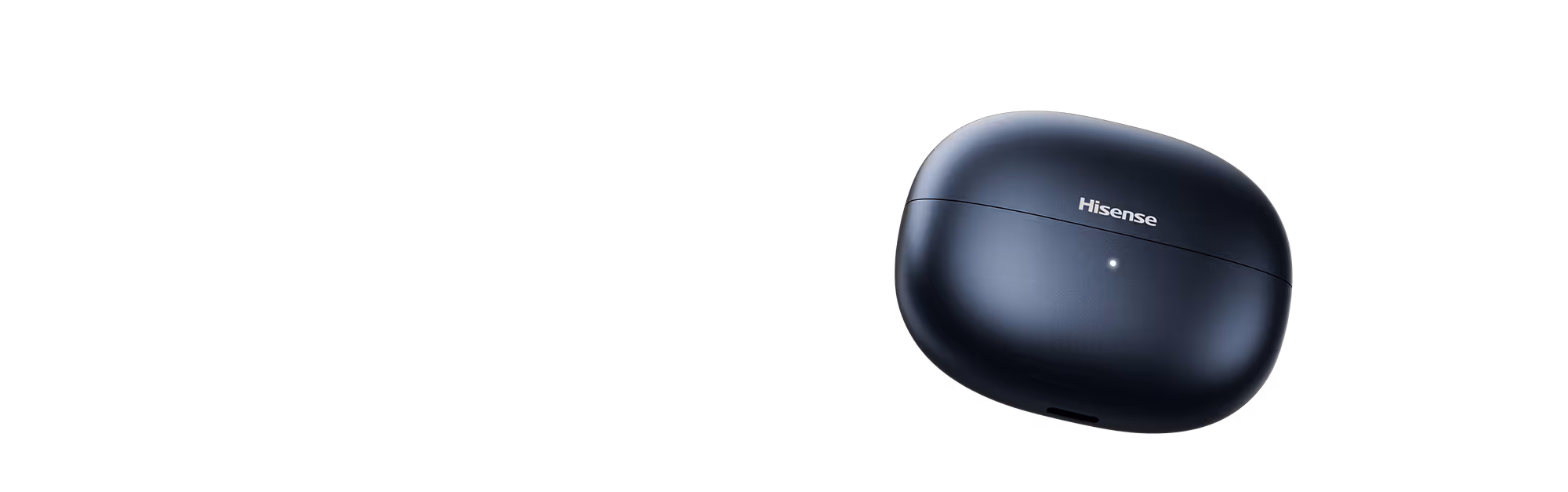 Black Hisense wireless earbuds charging case with LED indicator light on front.