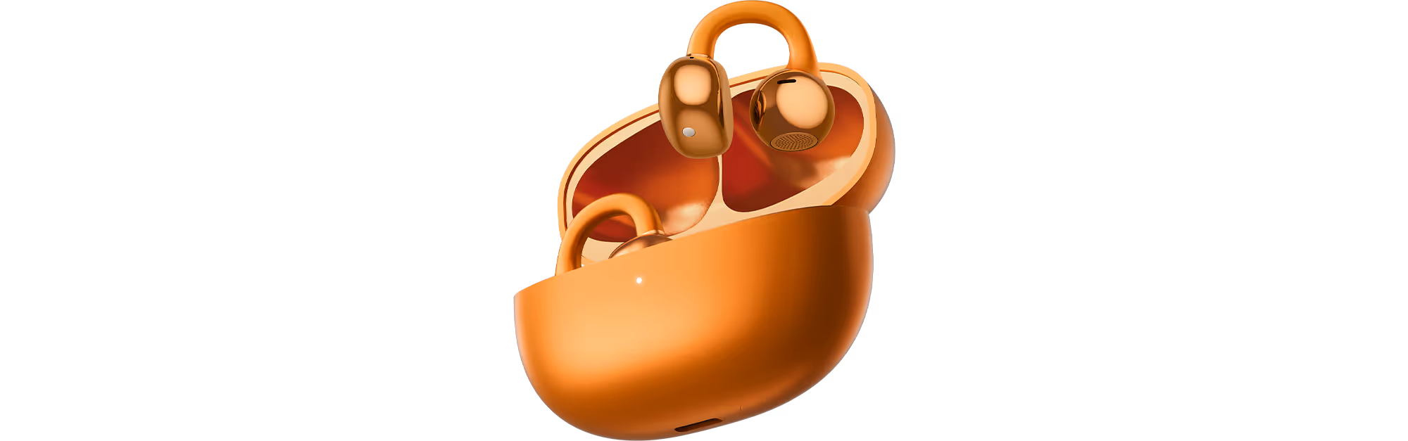 Orange wireless earbuds inside an open charging case on a white background.