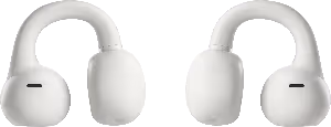 Pair of Pure White wireless earbuds with curved stems and silicone ear tips.