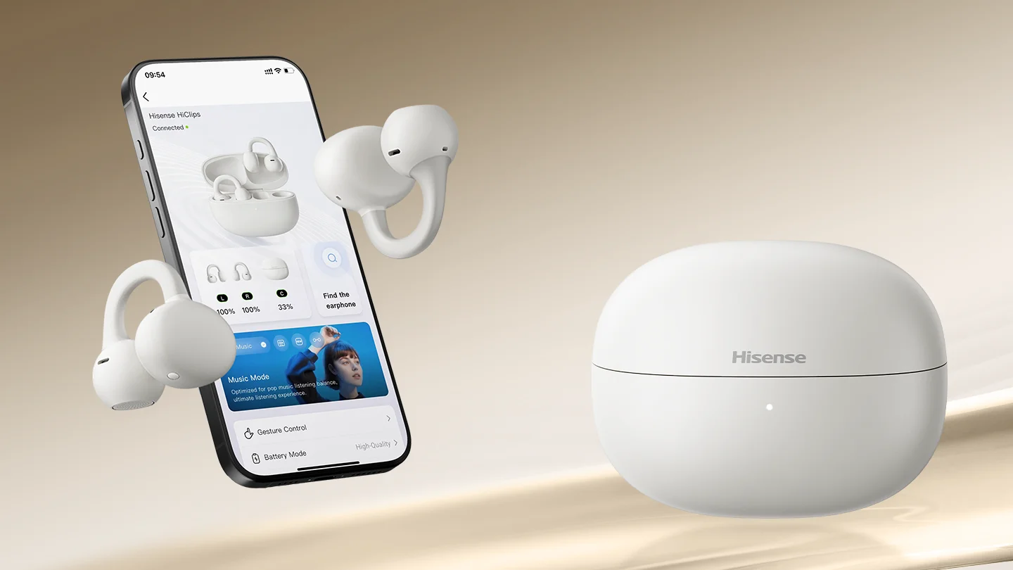 White wireless earbuds and charging case next to smartphone showing earbud control app screen.