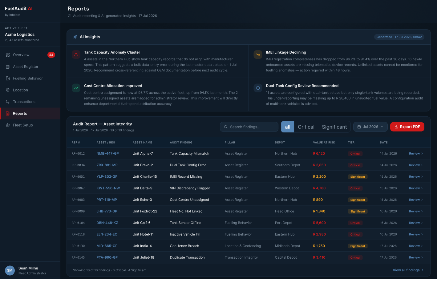 Dashboard showing fleet audit report with AI insights and asset integrity findings.