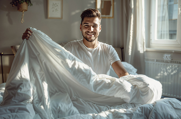Smiling man making a bed by spreading a white comforter in a sunlit bedroom.