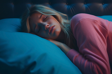 Young woman sleeping peacefully on a bed with her head resting on a blue pillow, wearing a pink long-sleeve shirt.
