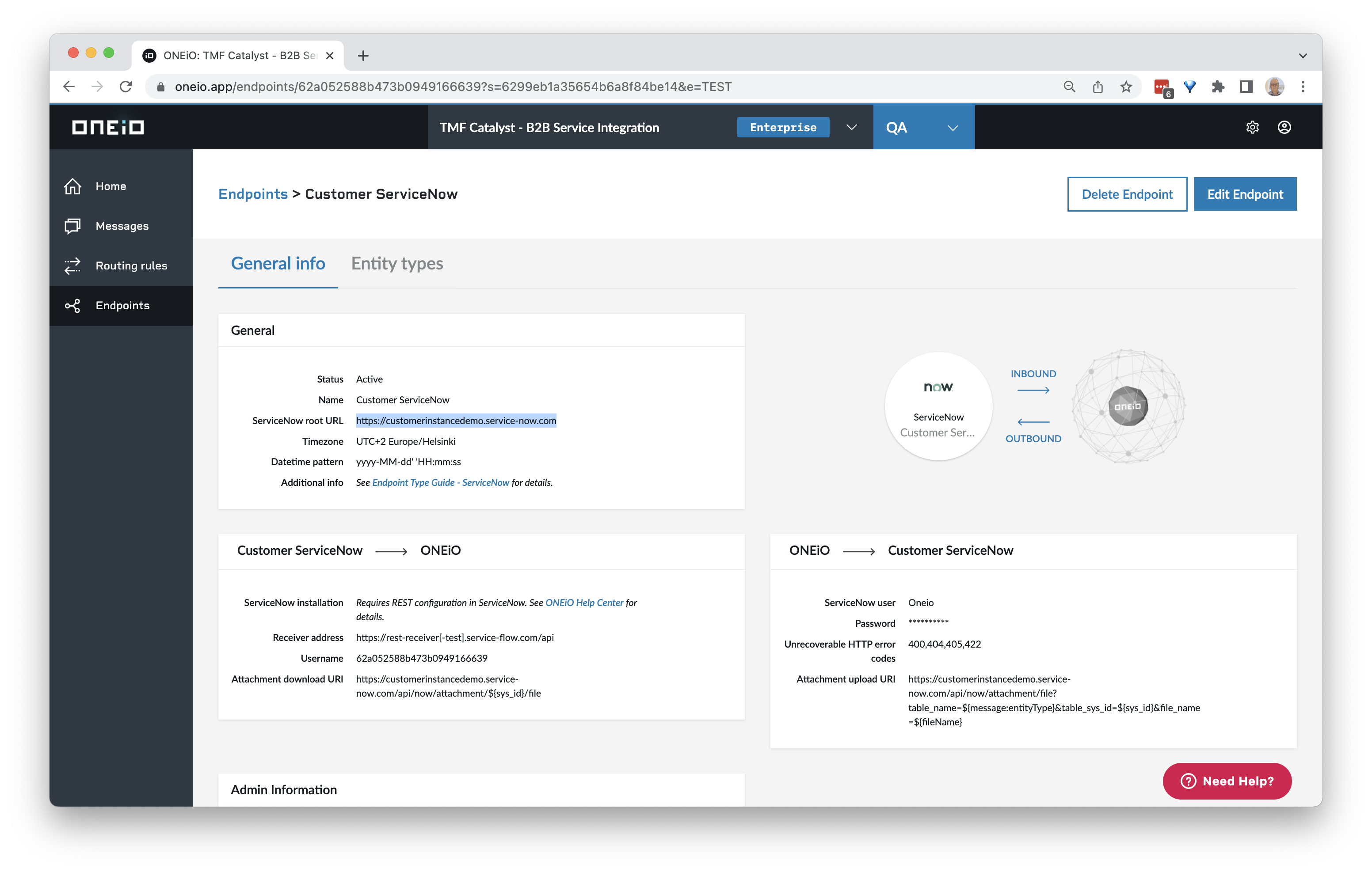 Endpoint type 1 configuration view in ONEiO. Including the URL to the ServiceNow instant that we're using for the customer and the authentication username and password.