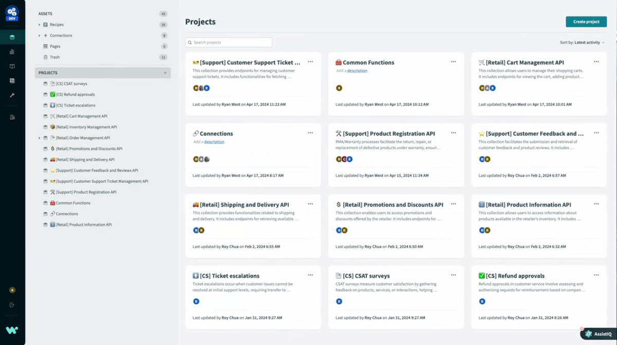 Workato organizes integrations under projects. Source: workato.com