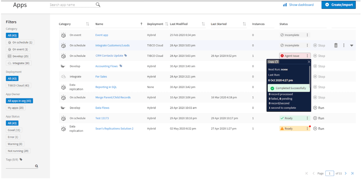 TIBCO Cloud Integration Apps list - screenshot