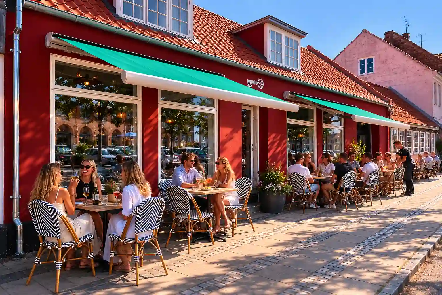 Udendørs café med folk, der nyder solskin under grønne markiser på rød bygning.
