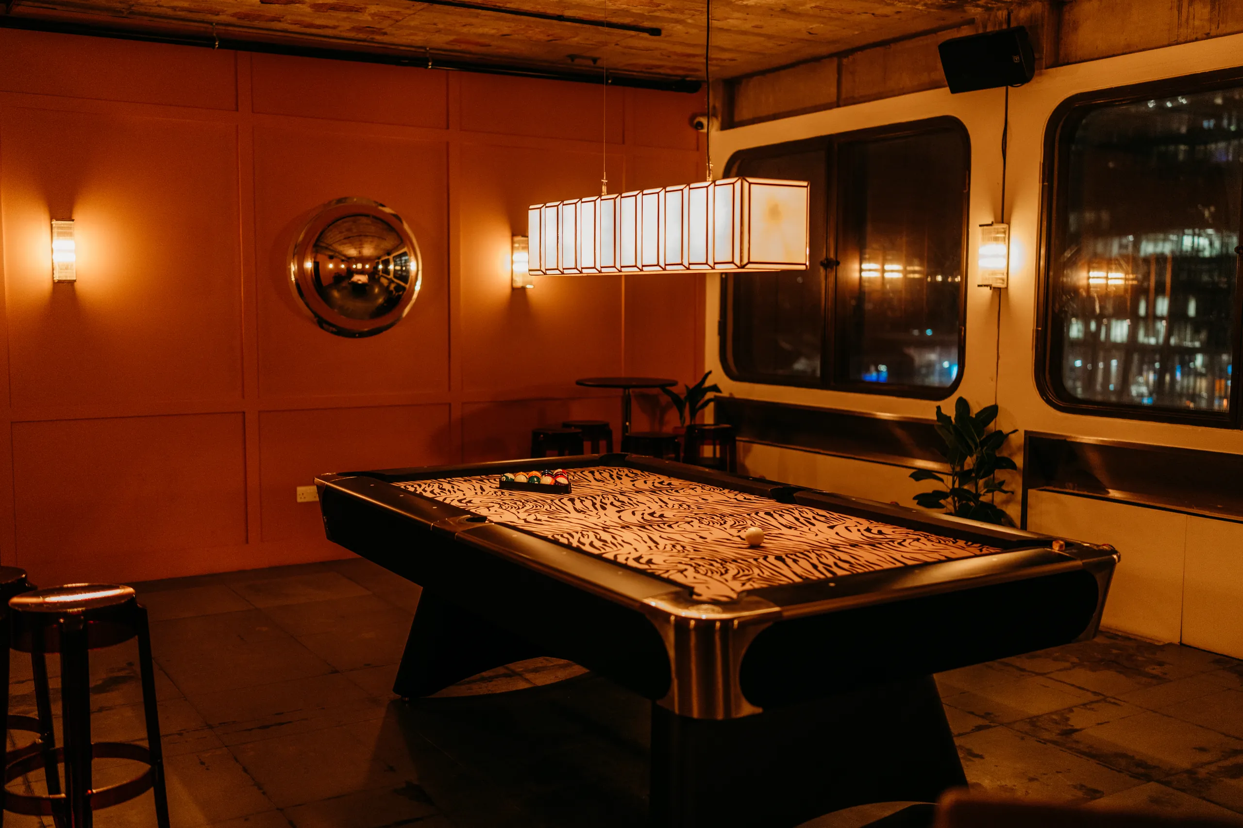 Tiger Print pool table in the Hideout Pool Room at Nancy's