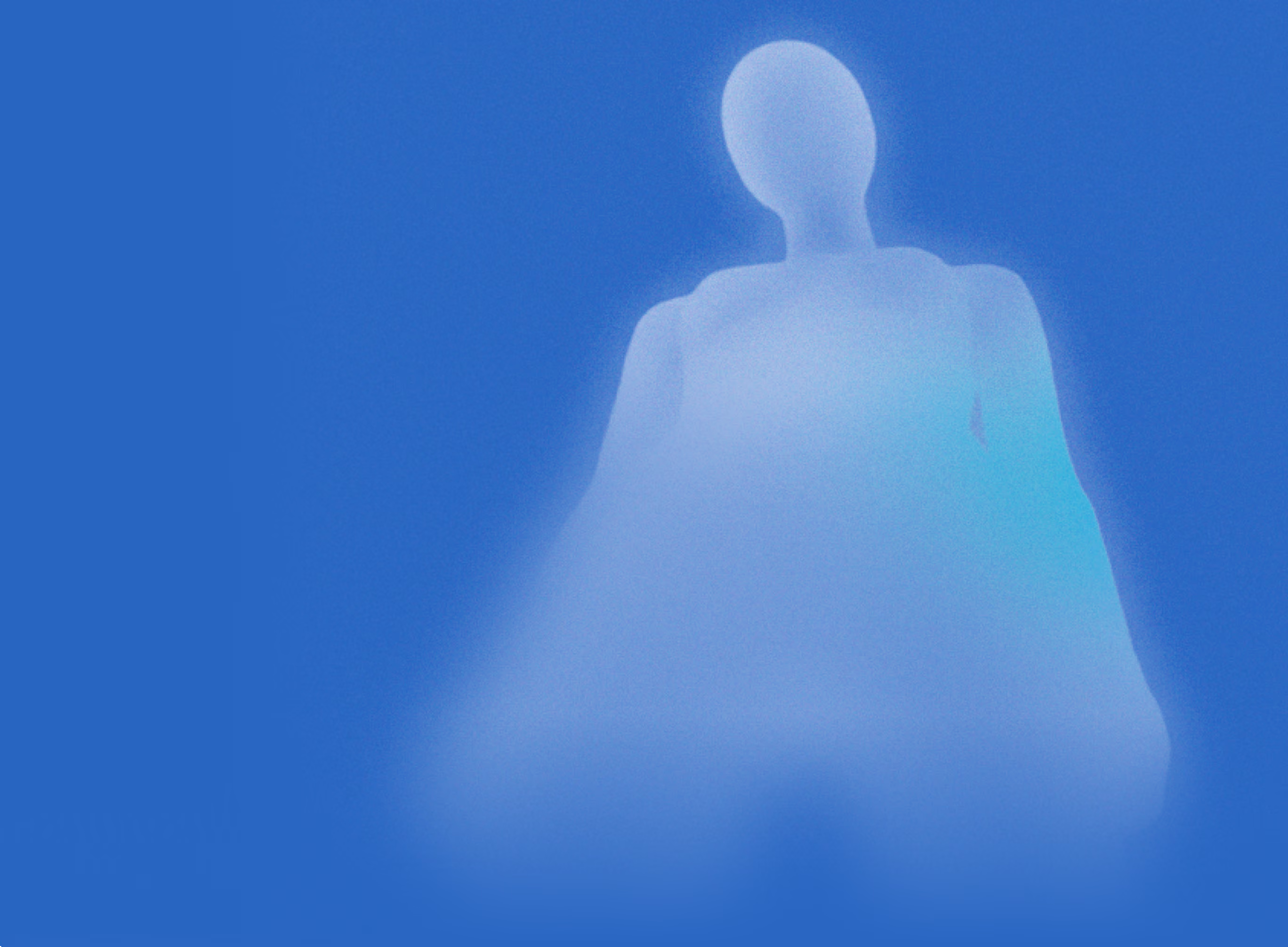 Glowing, translucent humanoid figure on a blue background viewed from below.