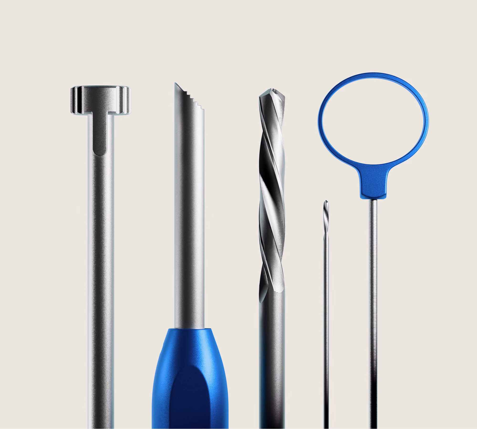 Five metal tools including a wrench, serrated blade, drill bit, thin rod, and circular blue-handled tool.