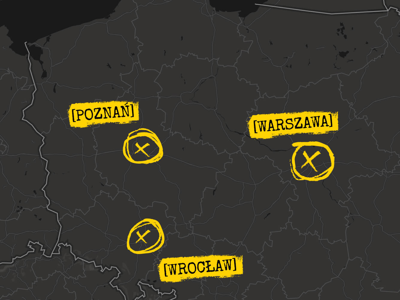 Mapa gry FRRuuu - są na niej zaznaczone 3 miasta: Wrocław, Warszawa i Poznań