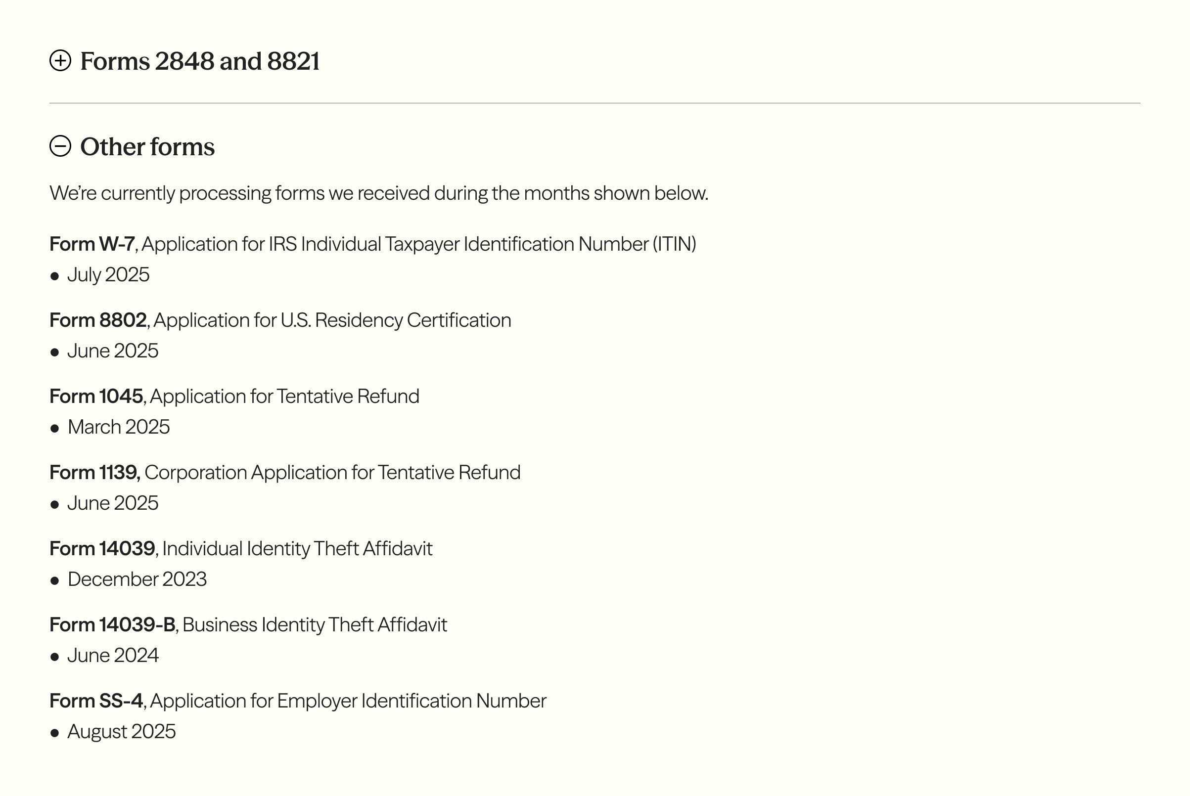 IRS processing status page, “Other forms” section, showing Form 1139 corporation applications for tentative refund being processed from June 2025, alongside Forms W-7 (July 2025), 8802 (June 2025), 1045 (March 2025) and SS-4 (August 2025).
