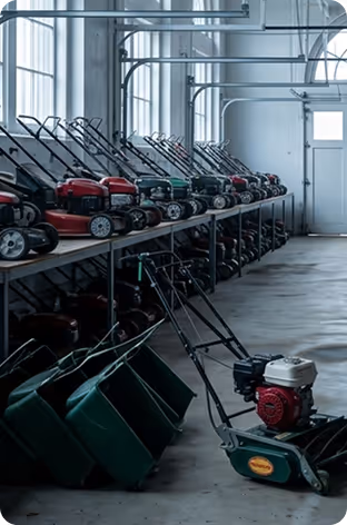 Row of red and green lawnmowers on shelves inside a bright industrial storage room.