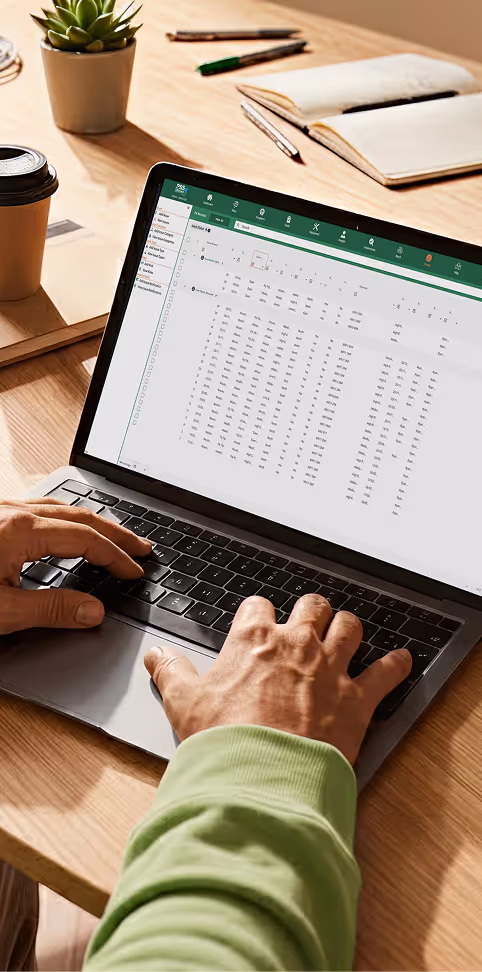 Person using a laptop with spreadsheet open, plant, coffee cup, and notebooks on wooden desk.