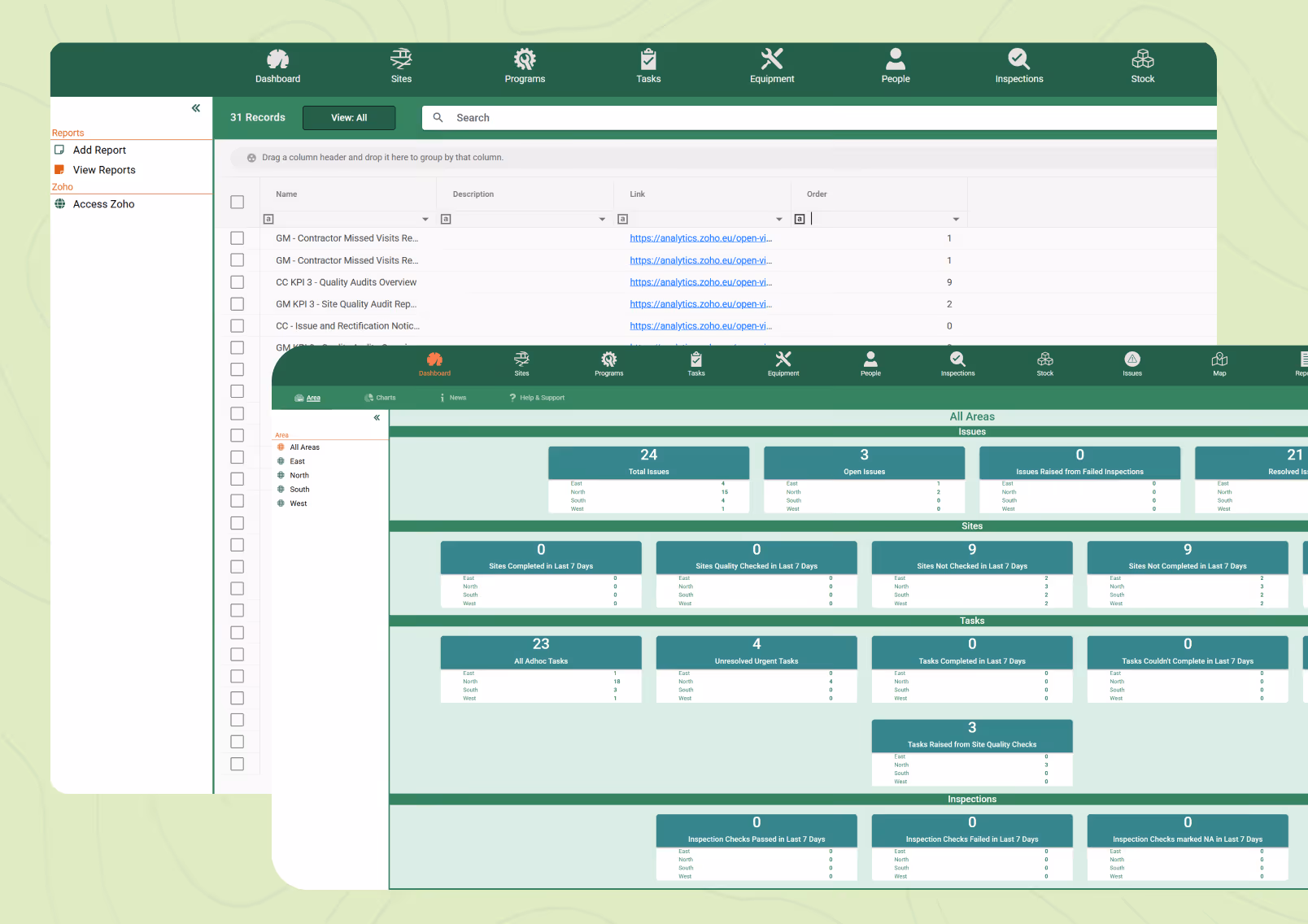 Dashboard interface showing reports and site issue summaries with task and inspection stats in a management system.