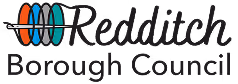 Redditch Borough Council logo with three overlapping coloured shapes and stylized text.
